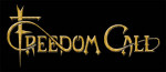 Freedom Call -bändin logo mustaa taustaa vasten. Koristeltuja kellertäviä kirjaimia.
