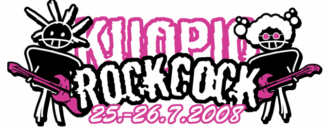 Kuopio RockCock -festivaalin mainos valkoisella taustalla. Kuvassa lukee em. lisäksi, että &quot;25.–26.7.2008&quot; ja tekstin vasemmalla ja oikealla puolen tikku-ukkopiirustuksina mies ja nainen.