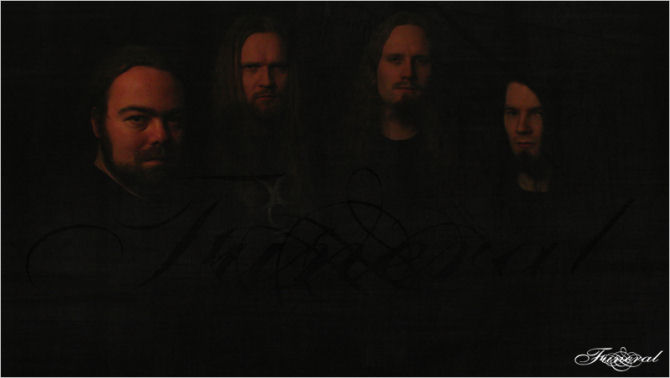 Funeral-bändin promovalokuva vuodelta 2008. Kuvassa mustuutta, jonka seassa erottuu hämyisinä neljän miehen kasvot. Kuvan oikeassa alakulmassa Funeralin logo. Vasemmanpuoleisella miehellä poskiparta, myös muilla viikset ja/tai pukinparrat.