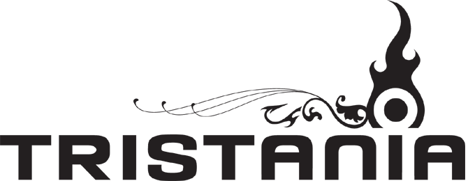Tristanian logo mustalla värillä valkoista taustaa vasten. Yhtyeen nimi alaosassa päättettömin tikkukirjaimin, joiden reunat osittain pehmeät ja osittain terävät. Kuvan oikeassa laidassa kiehkuramainen symboli, josta rönsyilee viivoja ja liekki.