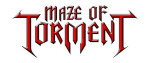 Maze Of Torment -bändin logo valkoista taustaa vasten. Punaisilla koristeellisilla kirjaimilla kuvassa lukee sanat 