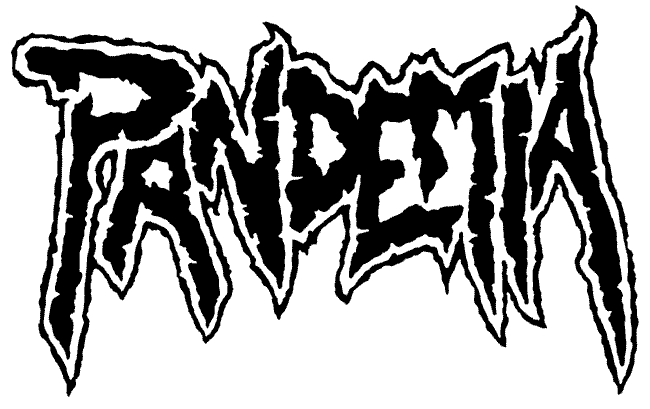 Pandemian logo mustalla värillä vitivalkoista pohjaväriä vasten. Logon kirjaimet kirjoitettu röpelöisin tikkukirjaimin siten, että alkukirjain peittää osan muista kirjaimista. Kirjaimissa on mustat ääriviivat ja ne on osittain täytetty valkoisella värillä