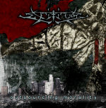 Exitium-bändin 'Outsourcing Morality' -albumin kansikuva, jossa bändin logo yläosassa ja alaosassa albumin nimi. Taustalla verenpunaista ja sekavia hahmoja.