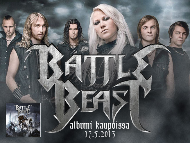 Battle Beast -albumi kaupoissa 17.5.2013. Kiekon julkaisee Suomessa Warner Music ja muualla Euroopassa Nuclear Blast Records. Ryhmäkuva Battle Beastin jäsenistä, joista keskimmäinen on vaaleahiuksinen nainen. Muut ovat miehiä. Taustalla salamoiva myrskytaivas.
