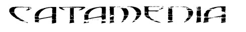 Catamenia-bändin logo mustalla valkoista taustaa vasten. Kirjaimet kirjoitettu versaalein jonkinlaisella fantasia-aiheisella kirjasimella, joka on kuluneen näköinen. Kirjaimet kurvikkaita, mutta silti teräviä.